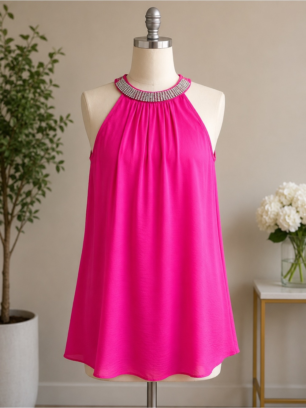 Misia Fuchsia Jeweled Halter Tank Top